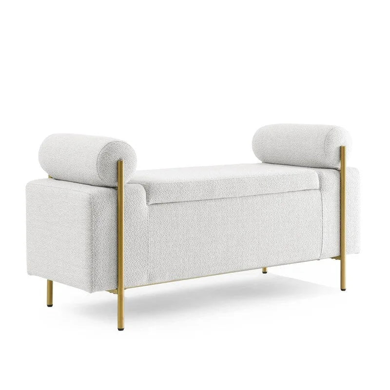 Banc coffre de rangement tapissé de velours avec accoudoirs roulés et pieds en fer doré, blanc vert beige