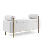 Banc coffre de rangement tapissé de velours avec accoudoirs roulés et pieds en fer doré, blanc vert beige
