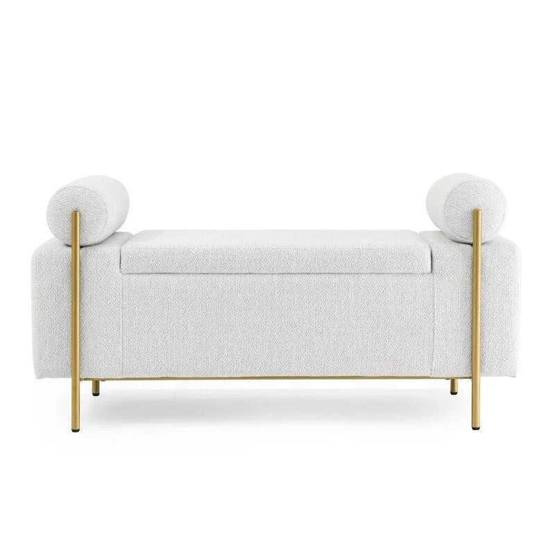 Banc coffre de rangement tapissé de velours avec accoudoirs roulés et pieds en fer doré, blanc vert beige