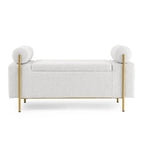 Banc coffre de rangement tapissé de velours avec accoudoirs roulés et pieds en fer doré, blanc vert beige
