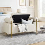 Banc coffre de rangement tapissé de velours avec accoudoirs roulés et pieds en fer doré, blanc vert beige