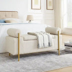 Banc coffre de rangement tapissé de velours avec accoudoirs roulés et pieds en fer doré, blanc vert beige
