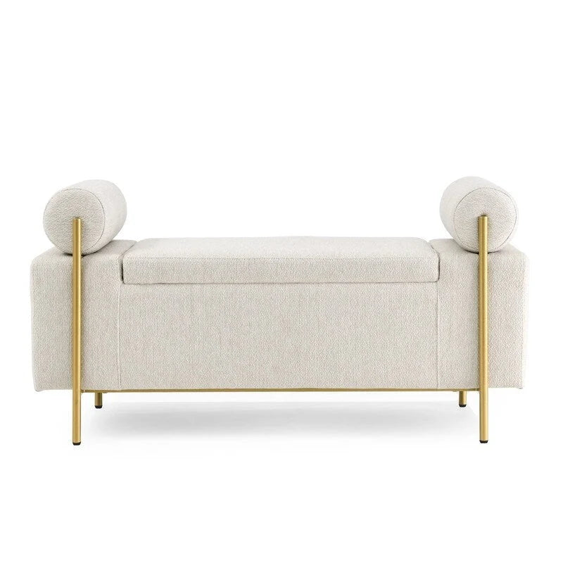 Banc coffre de rangement tapissé de velours avec accoudoirs roulés et pieds en fer doré, blanc vert beige