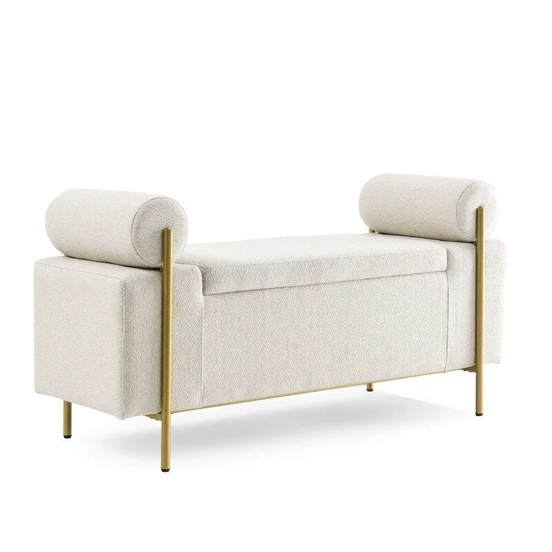 Banc coffre de rangement tapissé de velours avec accoudoirs roulés et pieds en fer doré, blanc vert beige