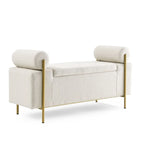Banc coffre de rangement tapissé de velours avec accoudoirs roulés et pieds en fer doré, blanc vert beige