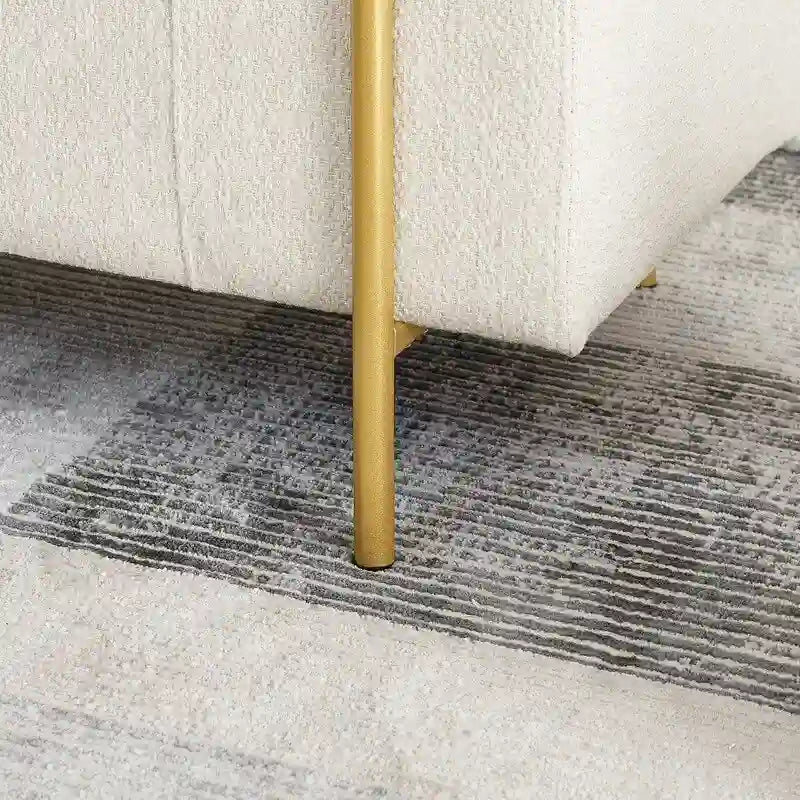 Banc coffre de rangement tapissé de velours avec accoudoirs roulés et pieds en fer doré, blanc vert beige