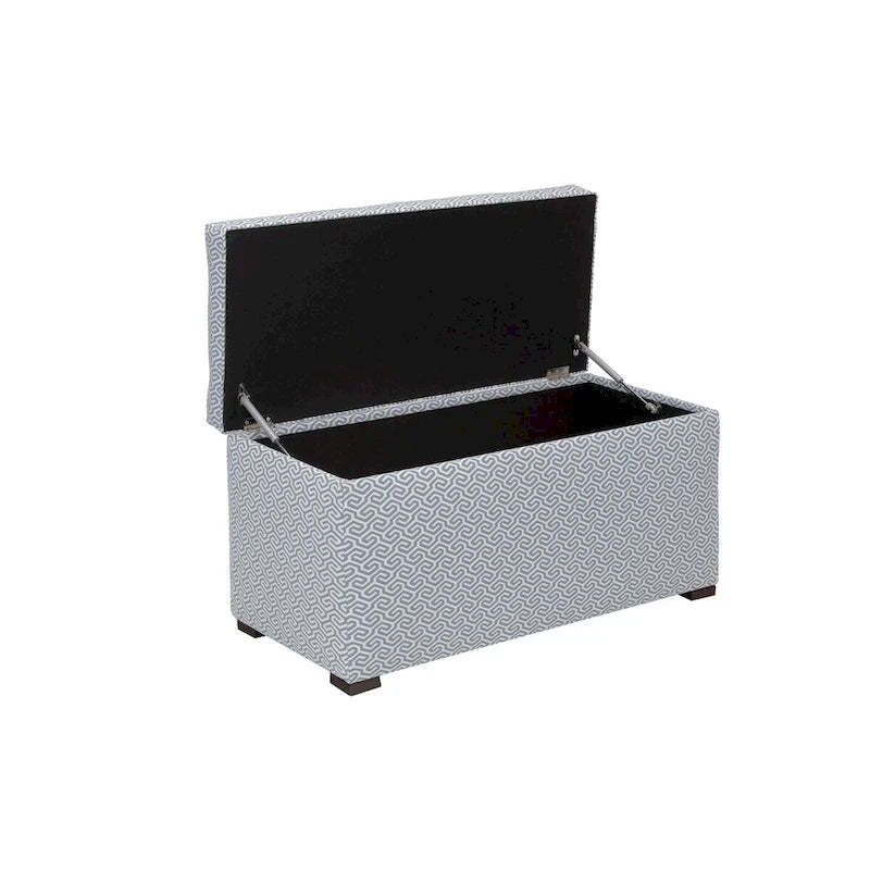 Banc de rangement transitoire, tissu capitonné, charnière hydraulique, pieds espresso