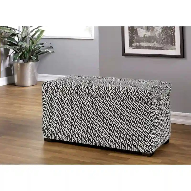 Banc de rangement transitoire, tissu capitonné, charnière hydraulique, pieds espresso