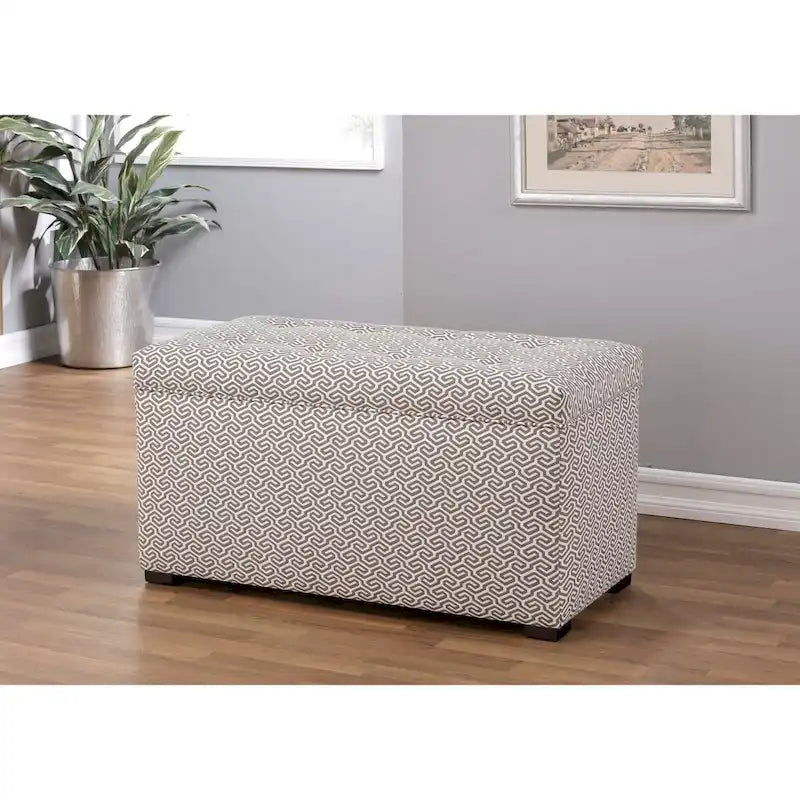 Banc de rangement transitoire, tissu capitonné, charnière hydraulique, pieds espresso