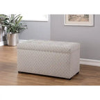 Banc de rangement transitoire, tissu capitonné, charnière hydraulique, pieds espresso