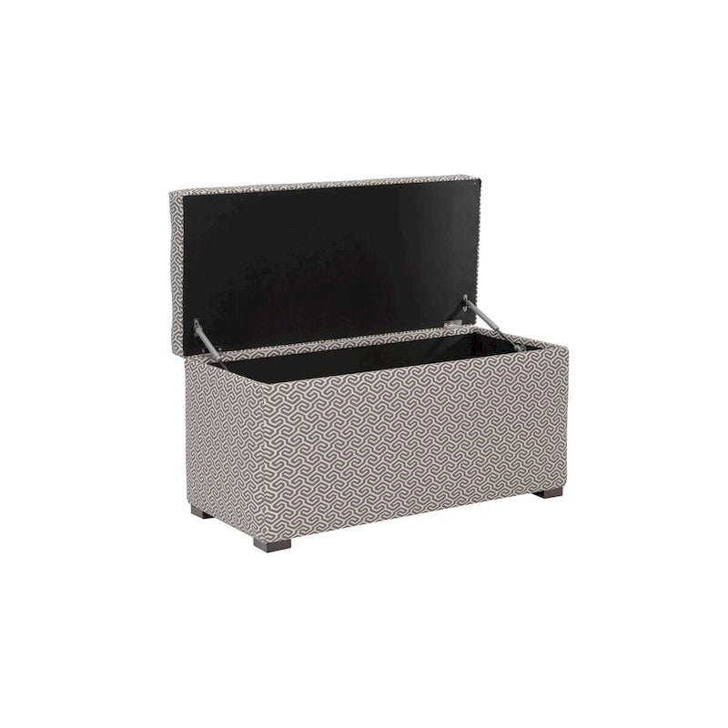 Banc de rangement transitoire, tissu capitonné, charnière hydraulique, pieds espresso
