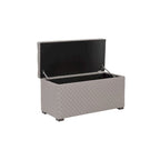 Banc de rangement transitoire, tissu capitonné, charnière hydraulique, pieds espresso