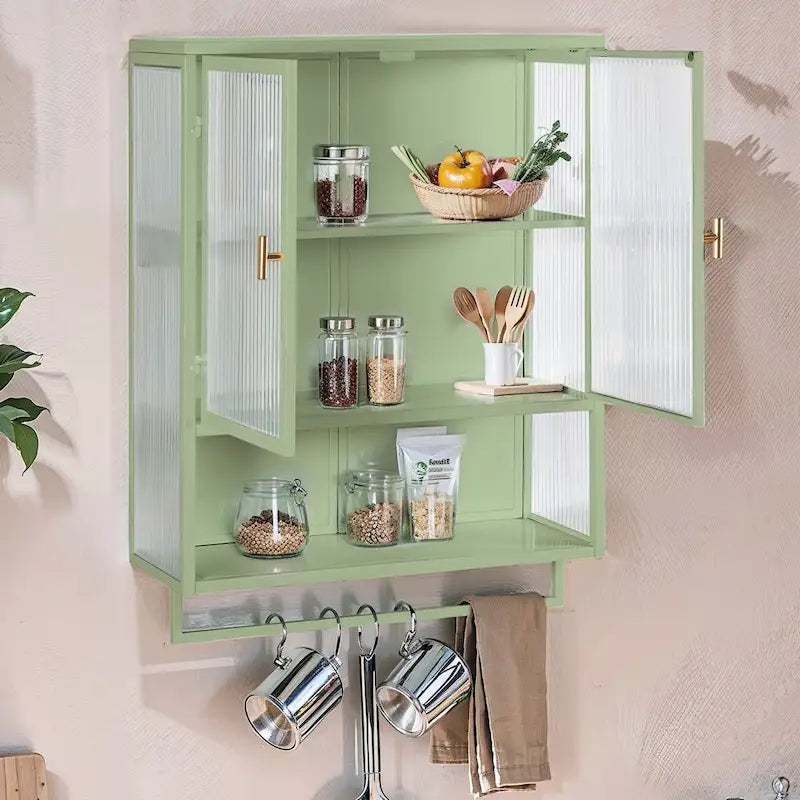 Armoire murale de rangement avec portes vitrées et crochets inférieurs