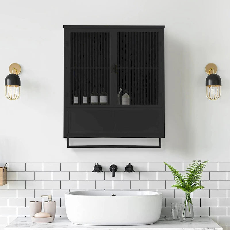 Armoire murale de rangement avec portes vitrées et crochets inférieurs