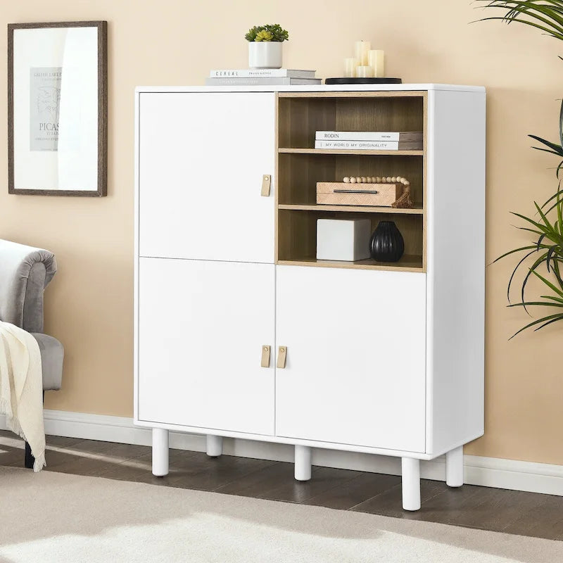 Armoire de rangement avec portes Étagères ouvertes Poignées dorées Pieds en bois Blanc