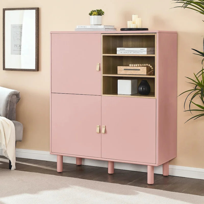 Multifunctional Storage cabinet with door, modern sideboard cabinet, wooden storage cabinet, leather handle drawer cabinet