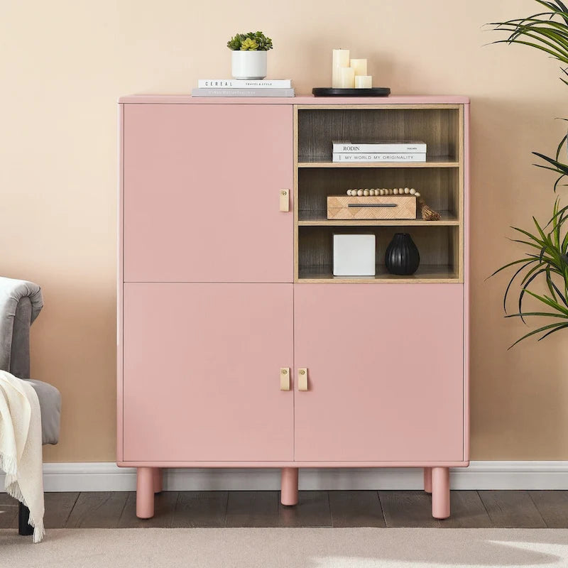 Armoire de rangement avec portes Étagères ouvertes Poignées dorées Pieds en bois Blanc