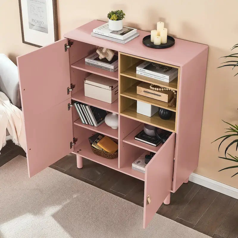 Armoire de rangement avec portes Étagères ouvertes Poignées dorées Pieds en bois Blanc