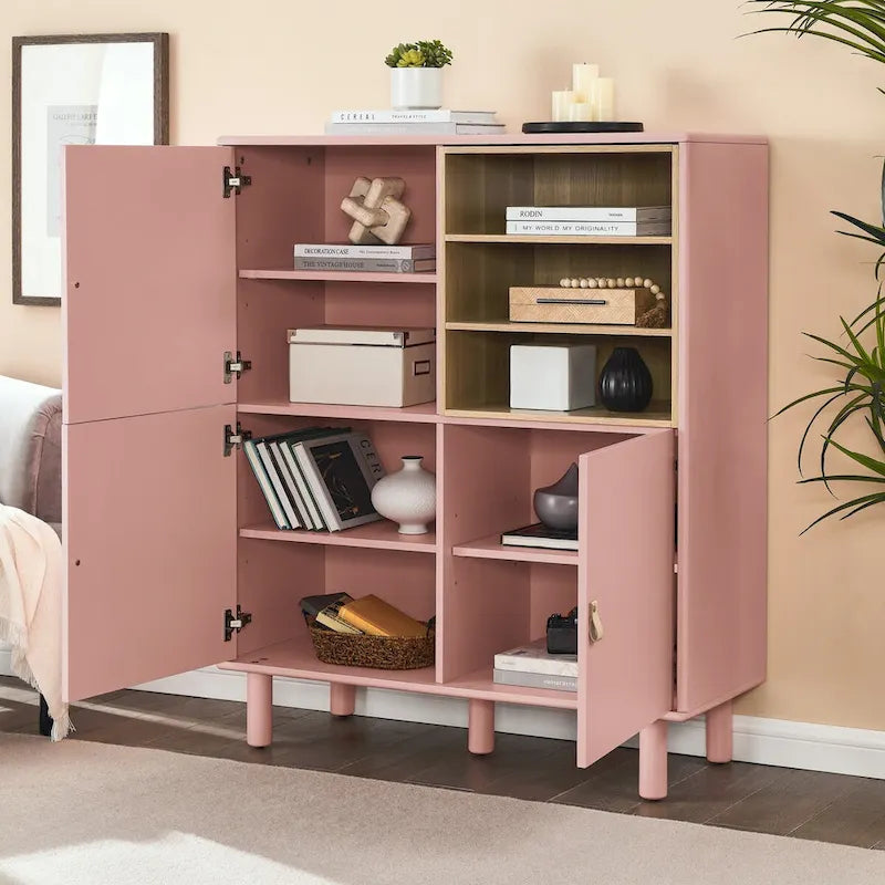Armoire de rangement avec portes Étagères ouvertes Poignées dorées Pieds en bois Blanc
