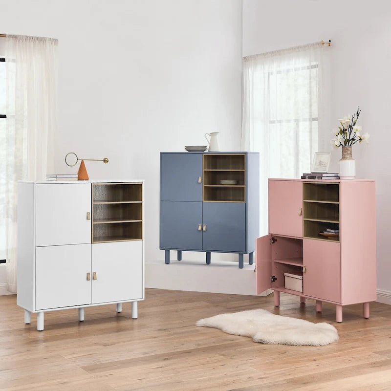 Armoire de rangement avec portes Étagères ouvertes Poignées dorées Pieds en bois Blanc