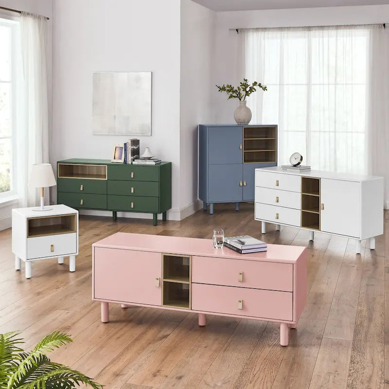 Armoire de rangement avec portes Étagères ouvertes Poignées dorées Pieds en bois Blanc