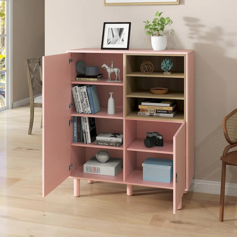 Armoire de rangement avec portes Étagères ouvertes Poignées dorées Pieds en bois Blanc