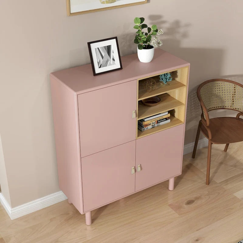 Armoire de rangement avec portes Étagères ouvertes Poignées dorées Pieds en bois Blanc