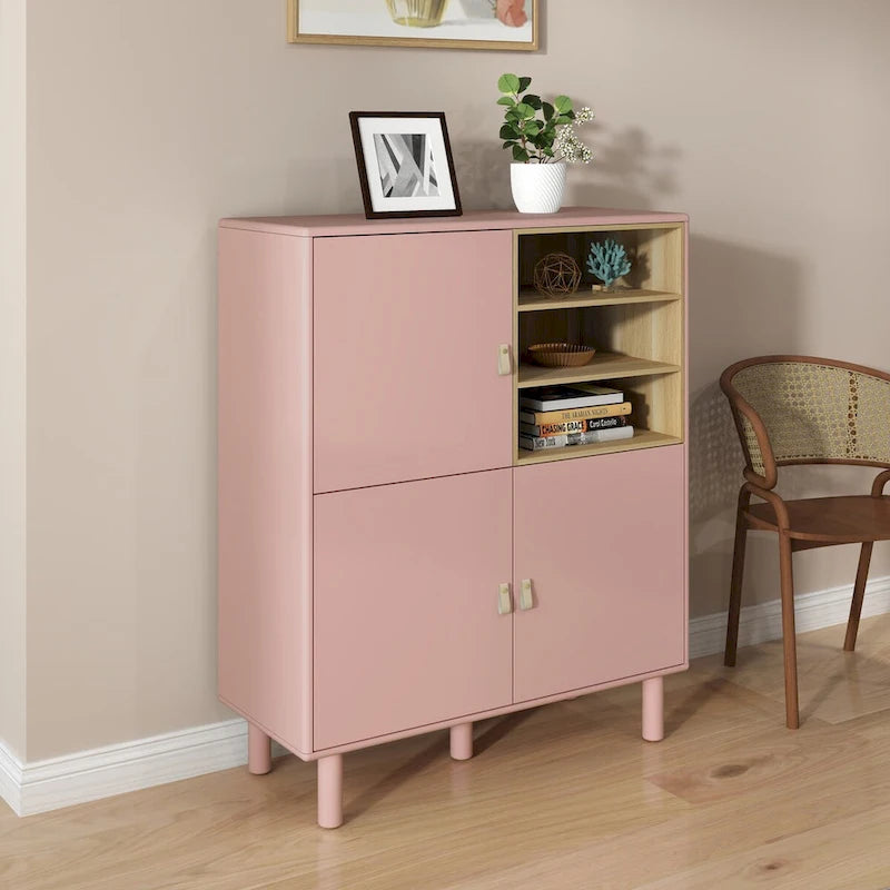 Armoire de rangement avec portes Étagères ouvertes Poignées dorées Pieds en bois Blanc