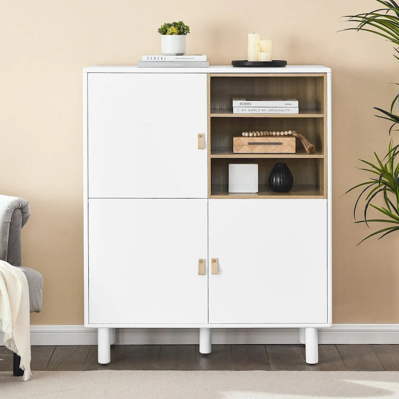 Armoire de rangement avec portes Étagères ouvertes Poignées dorées Pieds en bois Blanc