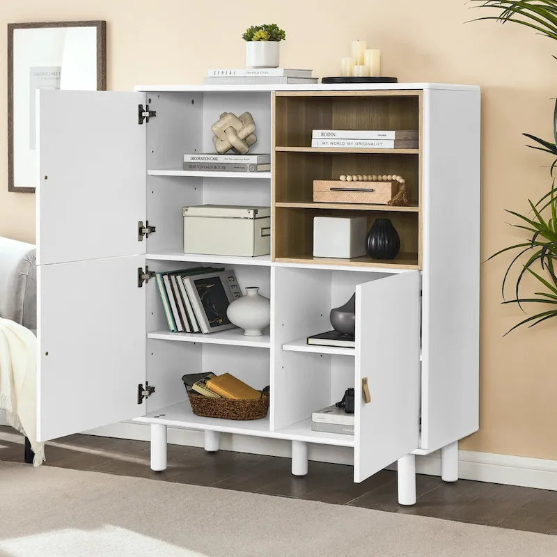 Armoire de rangement avec portes Étagères ouvertes Poignées dorées Pieds en bois Blanc