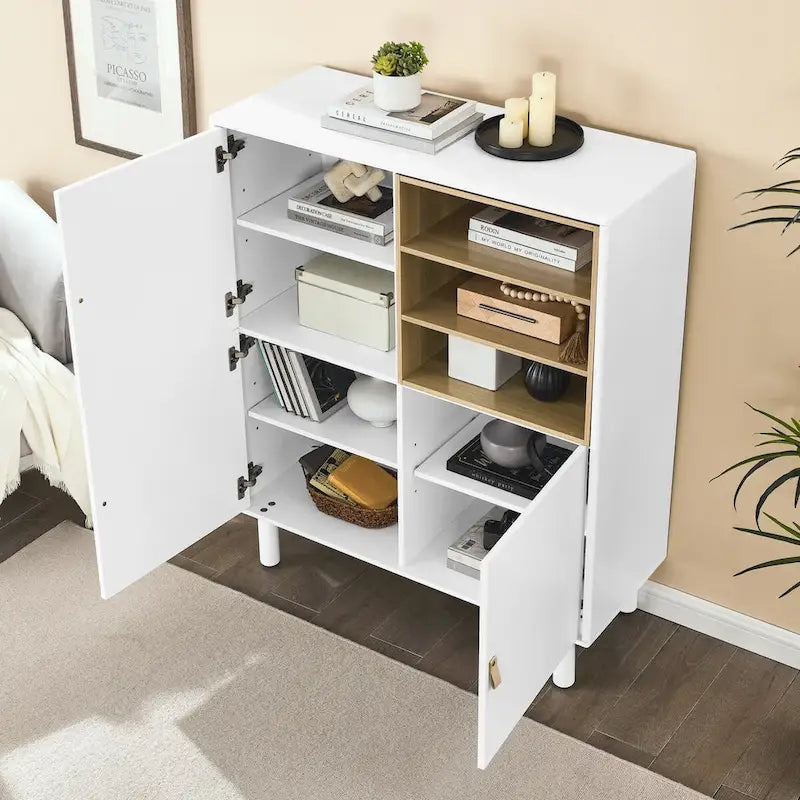 Armoire de rangement avec portes Étagères ouvertes Poignées dorées Pieds en bois Blanc