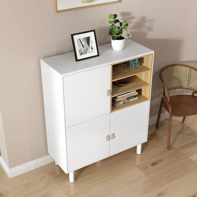 Armoire de rangement avec portes Étagères ouvertes Poignées dorées Pieds en bois Blanc