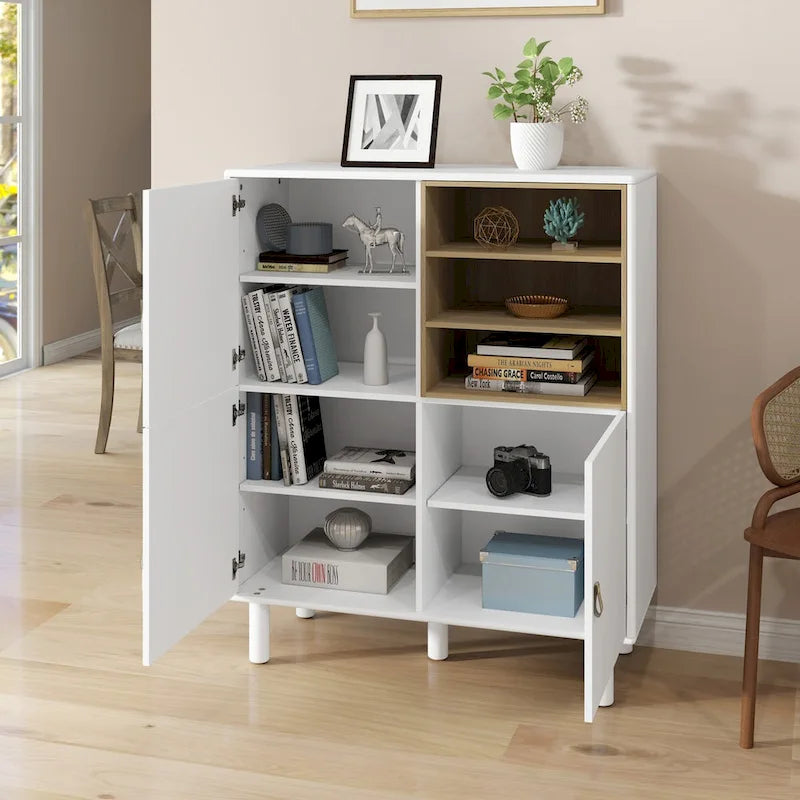 Armoire de rangement avec portes Étagères ouvertes Poignées dorées Pieds en bois Blanc