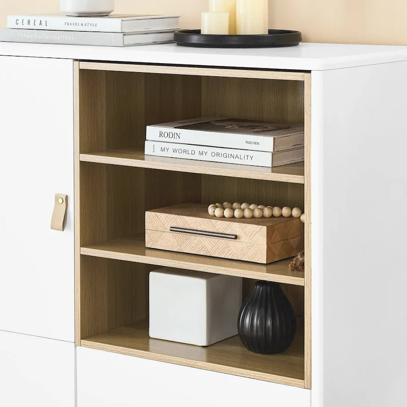 Armoire de rangement avec portes Étagères ouvertes Poignées dorées Pieds en bois Blanc