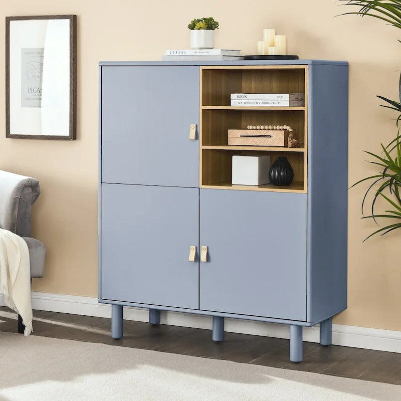 Armoire de rangement avec portes Étagères ouvertes Poignées dorées Pieds en bois Blanc