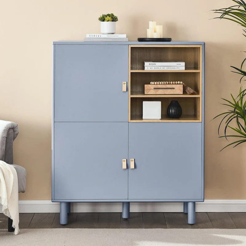 Armoire de rangement avec portes Étagères ouvertes Poignées dorées Pieds en bois Blanc