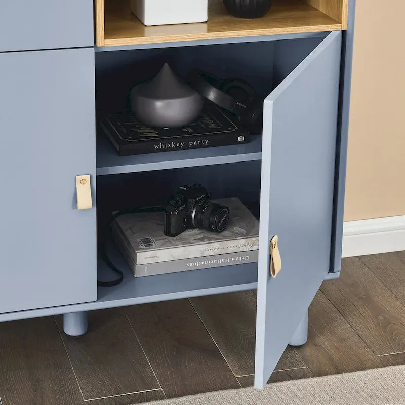 Armoire de rangement avec portes Étagères ouvertes Poignées dorées Pieds en bois Blanc