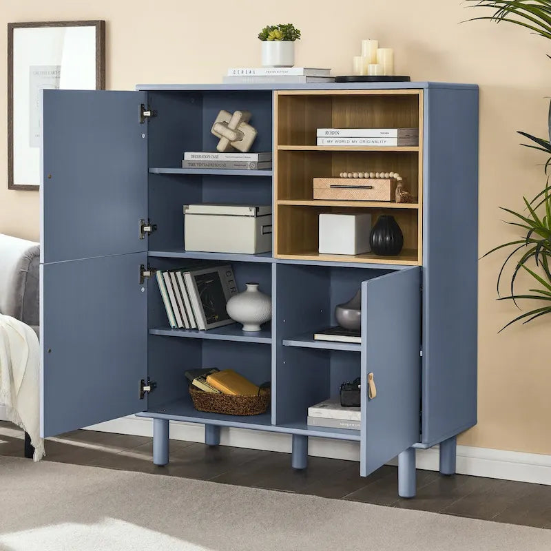 Armoire de rangement avec portes Étagères ouvertes Poignées dorées Pieds en bois Blanc