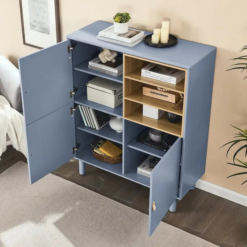 Armoire de rangement avec portes Étagères ouvertes Poignées dorées Pieds en bois Blanc