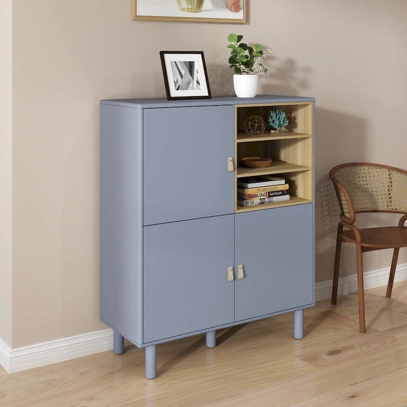 Armoire de rangement avec portes Étagères ouvertes Poignées dorées Pieds en bois Blanc
