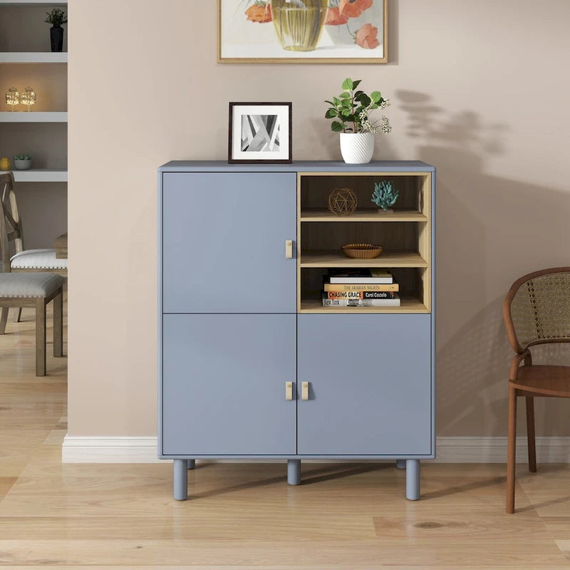 Armoire de rangement avec portes Étagères ouvertes Poignées dorées Pieds en bois Blanc