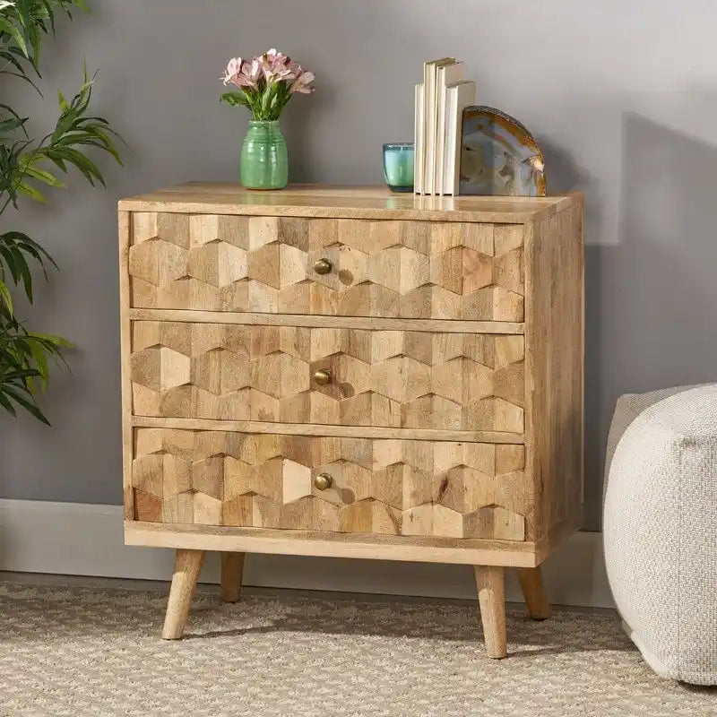 Commode à 3 tiroirs en bois de manguier naturel avec poignées géométriques en laiton 3D