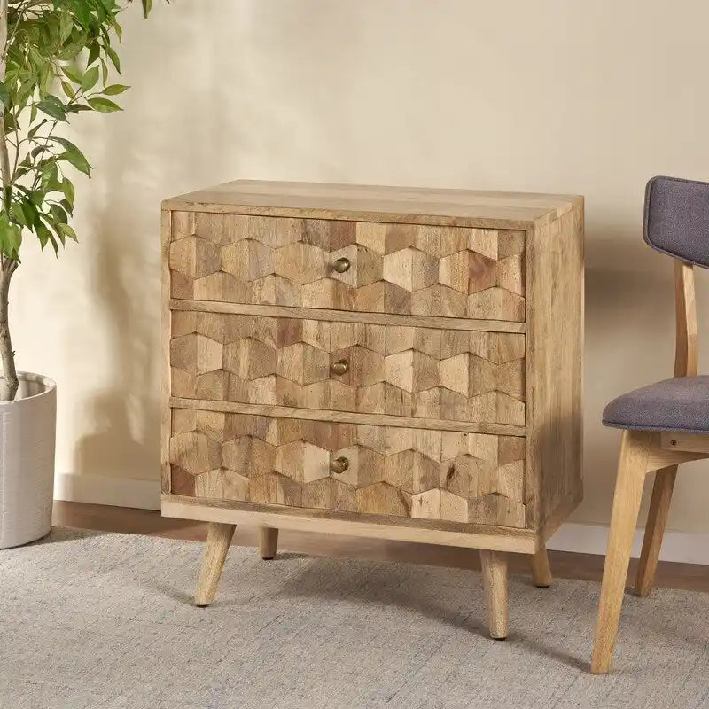 Commode à 3 tiroirs en bois de manguier naturel avec poignées géométriques en laiton 3D