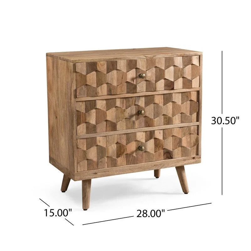 Commode à 3 tiroirs en bois de manguier naturel avec poignées géométriques en laiton 3D
