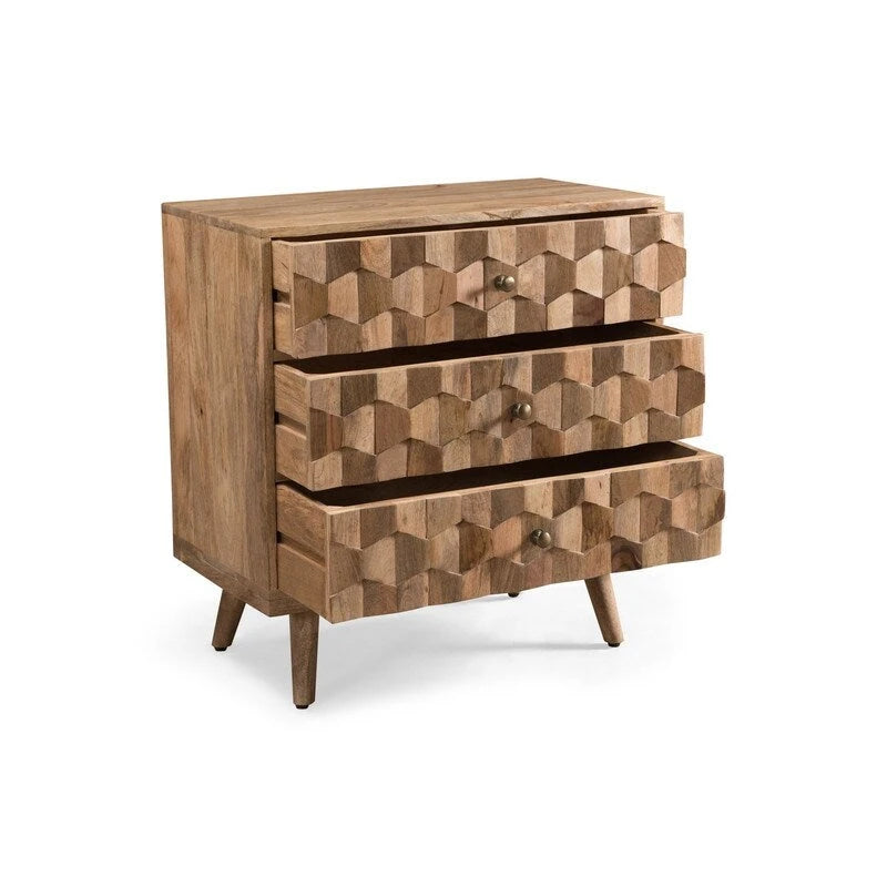 Commode à 3 tiroirs en bois de manguier naturel avec poignées géométriques en laiton 3D