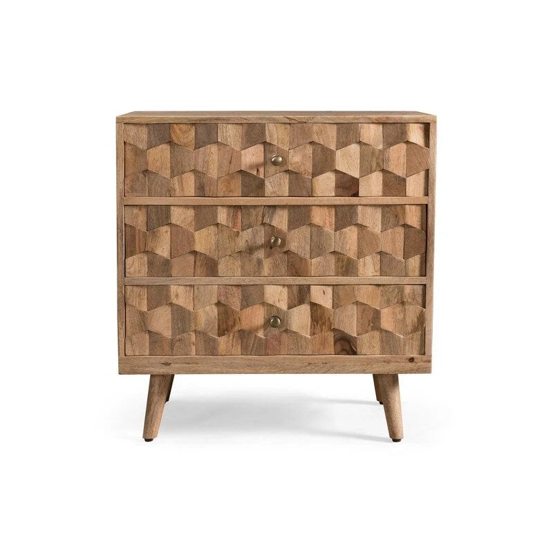 Commode à 3 tiroirs en bois de manguier naturel avec poignées géométriques en laiton 3D