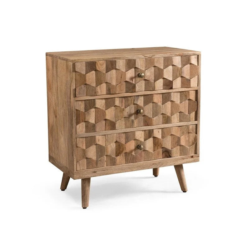 Commode à 3 tiroirs en bois de manguier naturel avec poignées géométriques en laiton 3D