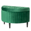 Banc de rangement ottoman mi-lune touffeté en velours vert avec pieds en bois
