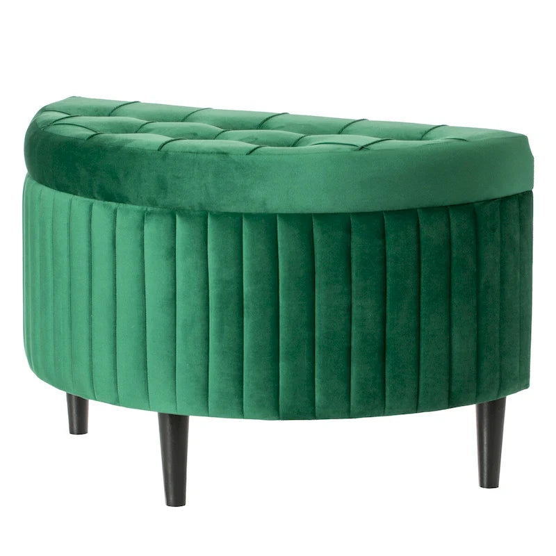 Banc de rangement ottoman mi-lune touffeté en velours vert avec pieds en bois