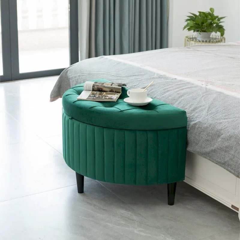 Banc de rangement ottoman mi-lune touffeté en velours vert avec pieds en bois